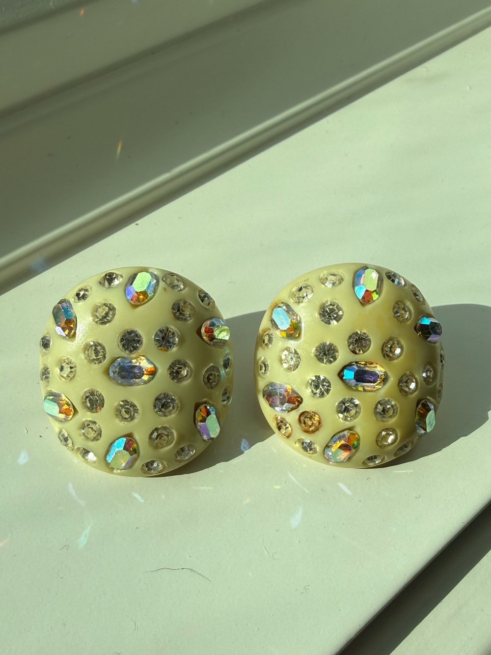 WEISS "Bon Bon" Thermoplastic Earrings Cream Dome Aurora Borealis Rhinestones